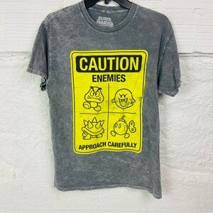 Super Mario Gray cotton T-Shirt with Yellow caution enemies approach carefully M